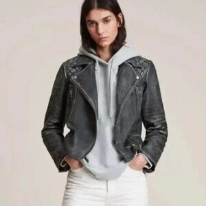 All Saints Cargo Leather Biker Jacket Black - Size US 2, EU 34, UK 6